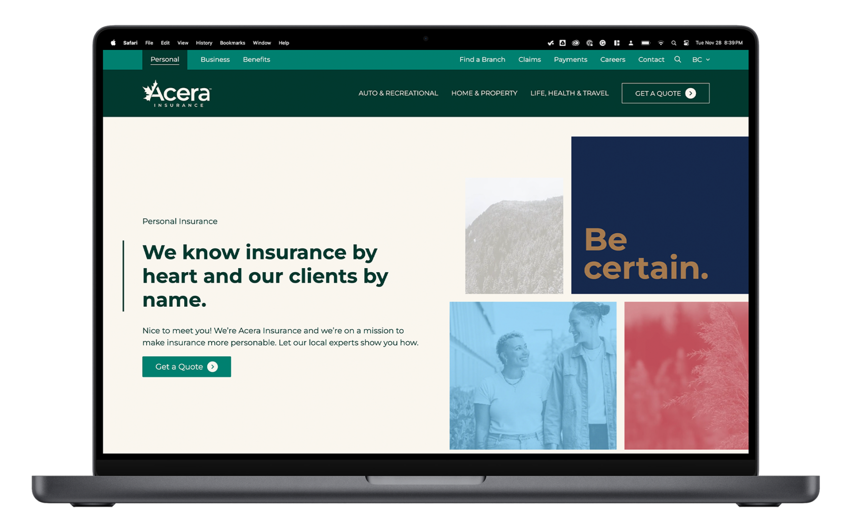 Mockup of the Acera Insurance website.