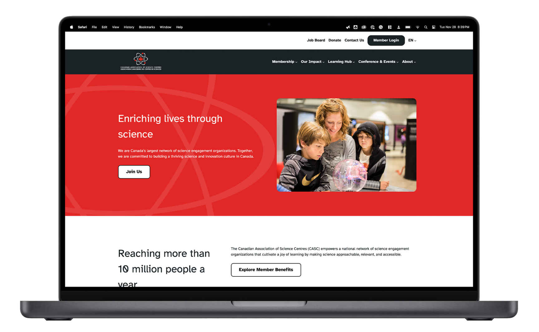 Mockup of the Canadian Association of Science Centres website.