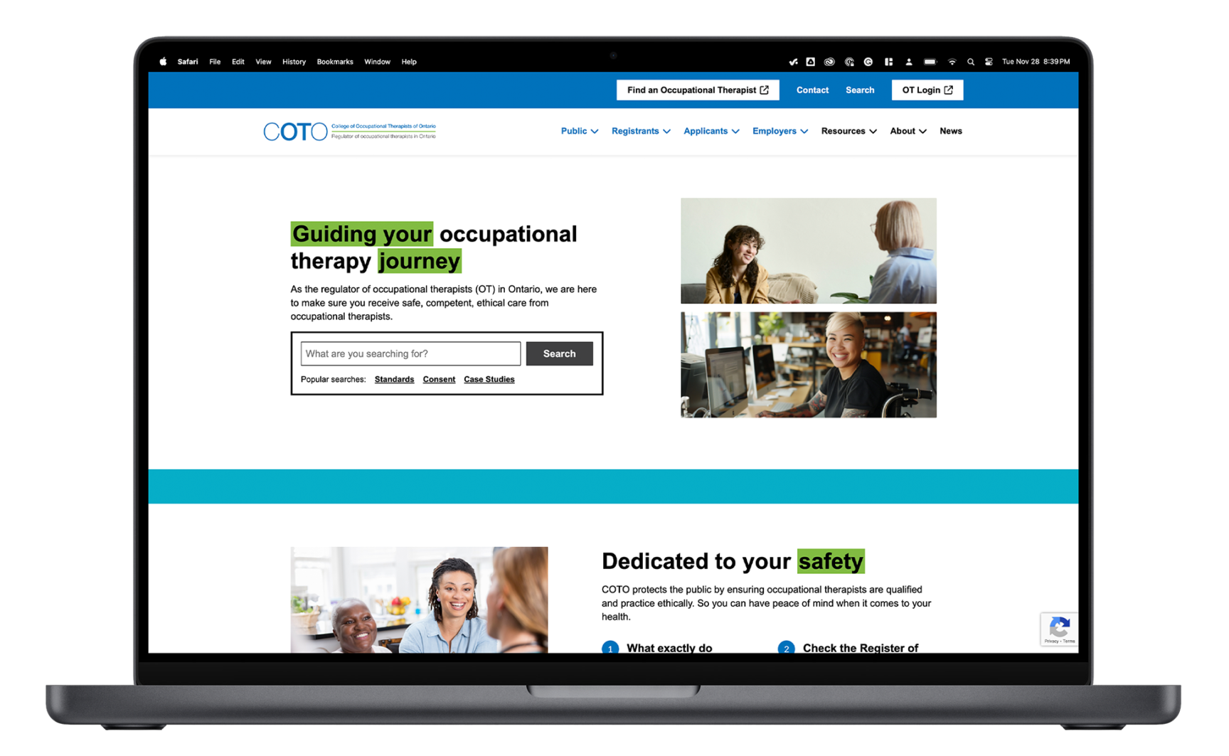 Mockup of the College of Occupational Therapists of Ontario website.