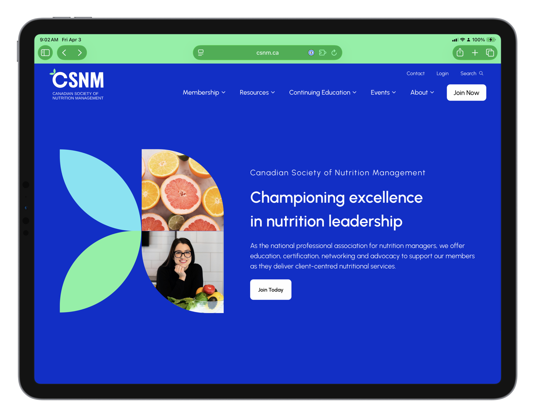 Mockup of the Canadian Society of Nutrition Management website.
